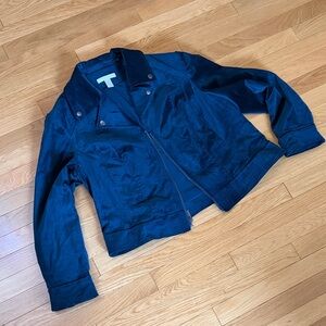 Chico’s Turquoise Velvet Zip Jacket Size 3 Teal Cropped Moto Style